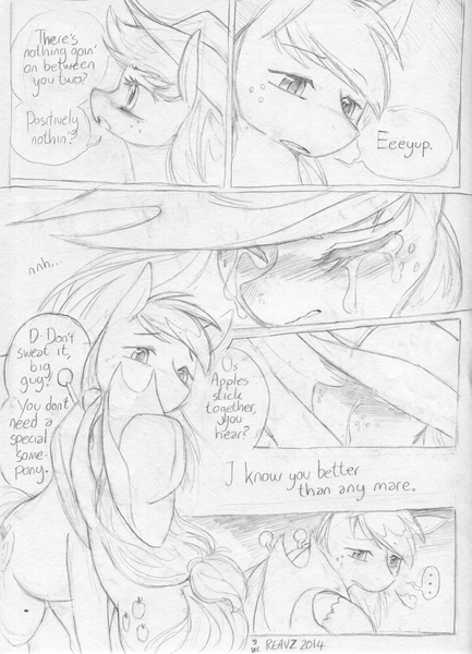 Size: 721x998 | Tagged: safe, artist:reavz, derpibooru import, applejack, big macintosh, earth pony, pony, comic:dishonest affection, blushing, comic, crying, dialogue, hug, male, monochrome, speech bubble, stallion, traditional art