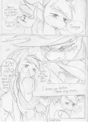 Size: 721x998 | Tagged: safe, artist:reavz, derpibooru import, applejack, big macintosh, earth pony, pony, comic:dishonest affection, blushing, comic, crying, dialogue, hug, male, monochrome, speech bubble, stallion, traditional art