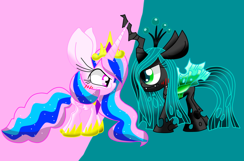 Size: 2272x1504 | Tagged: artist:lovehtf421, confrontation, derpibooru import, impossibly large ears, princess celestia, queen chrysalis, safe