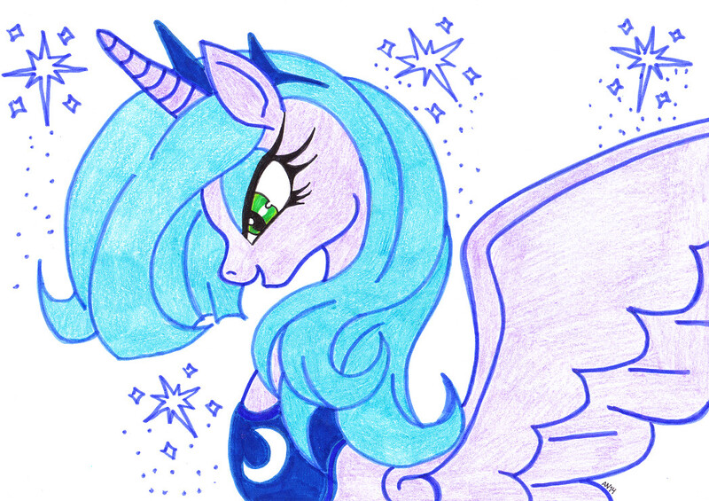 Size: 1048x740 | Tagged: artist:mokalo, derpibooru import, princess luna, s1 luna, safe, solo, sparkles, traditional art