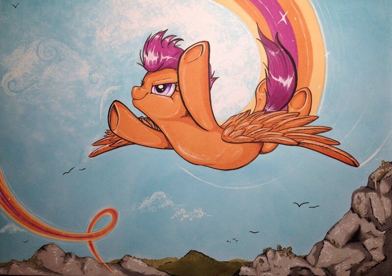 Size: 1024x722 | Tagged: safe, artist:yellowrobin, derpibooru import, scootaloo, contrail, flying, scootaloo can fly, smiling, solo, traditional art, underhoof