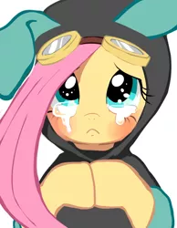 Size: 700x900 | Tagged: safe, artist:senlyo, derpibooru import, fluttershy, pegasus, pony, :c, blushing, bunny ears, clothes, costume, crying, cute, dangerous mission outfit, female, frown, goggles, hoodie, looking at you, mare, sad, sadorable, simple background, solo, white background