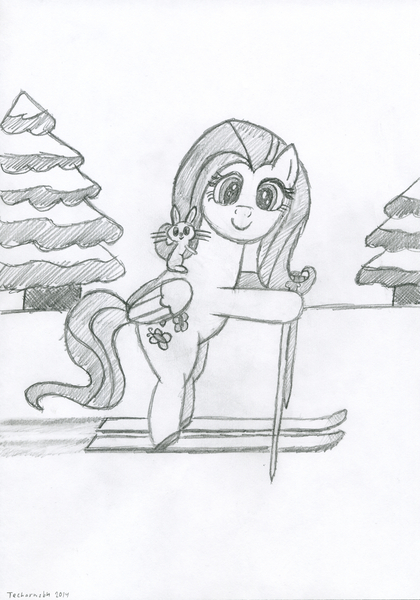 Size: 2663x3800 | Tagged: angel bunny, artist:techarmsbu, derpibooru import, fluttershy, high res, monochrome, safe, skiing, snow, solo, traditional art, tree