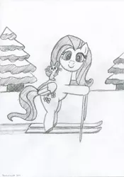 Size: 2663x3800 | Tagged: angel bunny, artist:techarmsbu, derpibooru import, fluttershy, high res, monochrome, safe, skiing, snow, solo, traditional art, tree