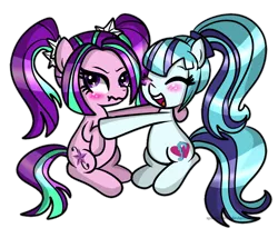 Size: 860x705 | Tagged: ariabetes, aria blaze, arisona, artist:sparkle-bliss, blushing, cute, derpibooru import, female, hug, lesbian, looking at you, ponified, safe, scrunchy face, shipping, simple background, smiling, sonatabetes, sonata dusk, transparent background, tsundaria, tsundere
