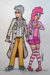 Size: 529x800 | Tagged: artist:megaman007, clothes, converse, derpibooru import, doctor who, doctor whooves, duo, human, humanized, pinkie pie, safe, scarf, shoes, socks, sonic screwdriver, striped socks, time turner, traditional art