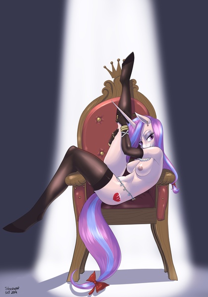 Size: 4000x5718 | Tagged: absurd resolution, anthro, armpits, artist:siberwar, belly chain, breasts, chair, clothes, derpibooru import, evening gloves, female, nipples, nudity, oc, oc:hearts desire, questionable, solo, solo female, stockings, throne, unguligrade anthro, unofficial characters only