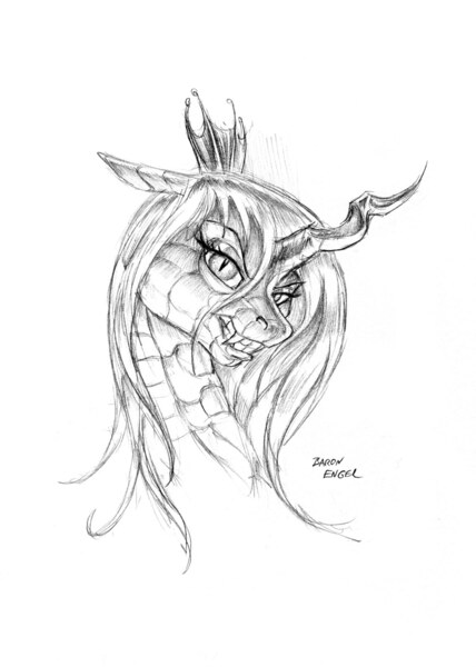 Size: 1200x1681 | Tagged: artist:baron engel, derpibooru import, monochrome, pencil drawing, portrait, queen chrysalis, safe, solo, traditional art