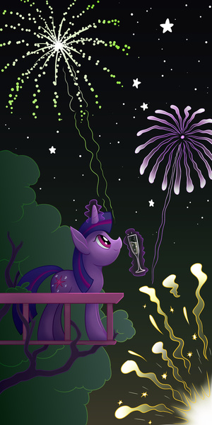 Size: 1200x2400 | Tagged: 2015, artist:dahtamnay, balcony, derpibooru import, fireworks, glass, happy new year, magic, safe, solo, twilight sparkle