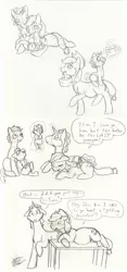 Size: 704x1500 | Tagged: applejack, artist:tatta-kasame, derpibooru import, female, flim, flimjack, male, monochrome, oc, offspring, parent:applejack, parent:flim, parents:flimjack, pencil drawing, pregnant, safe, shipping, sketch, straight, traditional art