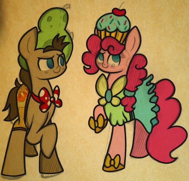 Size: 912x875 | Tagged: safe, artist:pinkie-pielock, derpibooru import, doctor whooves, pinkie pie, time turner, bowtie, clothes, costume, cupcake, duo, pear, traditional art