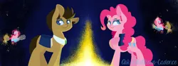 Size: 2048x768 | Tagged: safe, artist:pinkie-pielock, derpibooru import, doctor whooves, pinkie pie, time turner, doctorpie, doctor who, memories, necktie, pointy ponies, sonic screwdriver