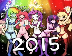 Size: 1152x900 | Tagged: suggestive, artist:lumineko, derpibooru import, applejack, fluttershy, pinkie pie, rainbow dash, rarity, twilight sparkle, equestria girls, 2015, abs, apple cider, armpits, belly button, blue underwear, blushing, bodypaint, boyshorts, bra, breasts, butt bump, butt to butt, butt touch, casual nudity, cider, cleavage, clothed female nude female, clothes, covering, dancing, embarrassed, embarrassed nude exposure, eyes closed, female, females only, fluttershy sleeps naked, frilly underwear, happy new year, hiding, lace, lingerie, mane six, mug, muscles, new year, nudity, open mouth, panties, partial nudity, party, purple underwear, rainbuff dash, red underwear, shy, stockings, thigh highs, underwear, whipped cream, x3, xd