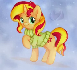 Size: 646x587 | Tagged: safe, artist:raininess, derpibooru import, sunset shimmer, pony, unicorn, clothes, cute, raised hoof, shimmerbetes, smiling, solo, sweater