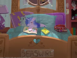 Size: 936x712 | Tagged: artist:christmaslolly, bed, book, derpibooru import, filly, safe, seafoam, sea swirl, seaswirl the sea explorer, sleeping, solo, the rainbow fish, tumblr, younger