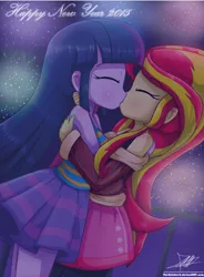 Size: 740x1008 | Tagged: safe, artist:the-butch-x, derpibooru import, sunset shimmer, twilight sparkle, twilight sparkle (alicorn), equestria girls, 2015, alternate costumes, cute, female, fireworks, happy new year, kissing, lesbian, shimmerbetes, shipping, sunsetsparkle, twiabetes