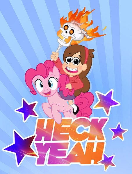 Size: 778x1028 | Tagged: artist:pixelkitties, crossover, derpibooru import, fire, gravity falls, humans riding ponies, looking at you, mabel pines, pinkie pie, riding, safe, skull