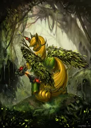 Size: 1237x1750 | Tagged: safe, artist:eosphorite, derpibooru import, applejack, alicorn, pony, alicornified, apple tree, applecorn, armor, awesome, badass, element of honesty, epic, everfree forest, hammer, looking at you, older, race swap, scenery porn, solo, war hammer, weapon