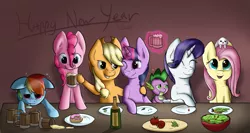 Size: 3000x1593 | Tagged: angel bunny, apple cider, applejack, artist:wave-realm, derpibooru import, donut, fluttershy, glowing horn, grapes, happy new year, mane seven, mane six, pinkie pie, plate, rainbow dash, rarity, safe, salad, spike, twilight sparkle, wine bottle