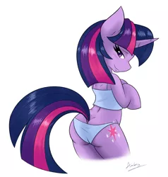 Size: 1266x1330 | Tagged: suggestive, artist:ambris, derpibooru import, twilight sparkle, pony, semi-anthro, bipedal, blue underwear, blushing, bra, bra on pony, buttcrack, clothes, crop top bra, female, looking back, panties, plot, rearing, sexy, smiling, solo, solo female, twibutt, underwear