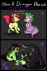 Size: 1024x1539 | Tagged: safe, derpibooru import, apple bloom, spike, dragon, pony, angry, dragon instinct, playing, scared