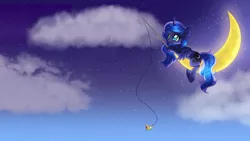 Size: 2560x1440 | Tagged: artist:namefag.mp3, artist:rue-willings, crescent moon, derpibooru import, edit, fishing rod, moon, night, princess luna, safe, solo, tangible heavenly object, wallpaper, wallpaper edit