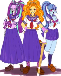 Size: 1200x1490 | Tagged: safe, artist:susu, derpibooru import, adagio dazzle, aria blaze, sonata dusk, equestria girls, rainbow rocks, chains, clothes, delinquent, midriff, pixiv, school uniform, shinai, sukeban, the dazzlings