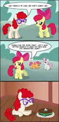 Size: 642x1322 | Tagged: apple bloom, artist needed, birthday, cake, candle, comic, cutie mark crusaders, derpibooru import, glasses, sad, safe, scootaloo, sweetie belle, twist