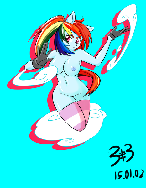 Size: 984x1266 | Tagged: anthro, armpits, artist:congee-painting, avatar, belly button, breasts, busty rainbow dash, clothes, derpibooru import, female, nipples, nudity, pixiv, questionable, rainbow dash