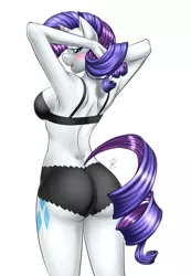 Size: 483x700 | Tagged: suggestive, artist:pia-sama, derpibooru import, rarity, anthro, unicorn, ass, black bra, black panties, black underwear, blushing, bra, breasts, clothes, female, frilly underwear, open mouth, panties, rearity, simple background, solo, underwear, white background