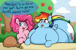 Size: 2500x1639 | Tagged: safe, artist:graphenescloset, derpibooru import, pinkie pie, rainbow dash, earth pony, pegasus, pony, addiction, apple, bits, chubby cheeks, cloud, dashaholic, drool, fat, impossibly large butt, morbidly obese, obese, obsession, open mouth, rainblob dash, rainbutt dash, the ass was fat, tongue out, tree