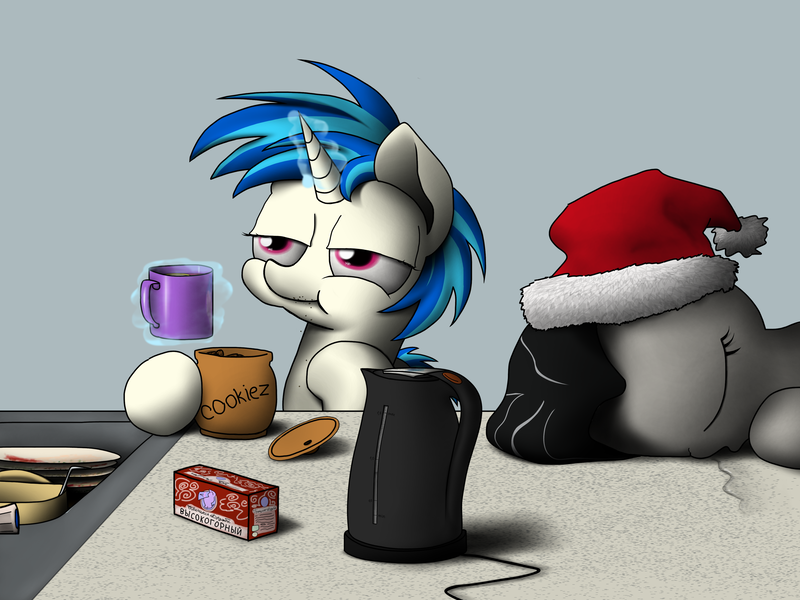 Size: 4000x3000 | Tagged: safe, artist:neitronik, derpibooru import, octavia melody, vinyl scratch, earth pony, pony, unicorn, absurd resolution, coffee, cookie jar, crumbs, dishes, drool, eating, eyes closed, glowing horn, hat, kettle, kitchen, magic, russian, santa hat, sink, sleeping, telekinesis, tired