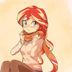Size: 1000x1000 | Tagged: dead source, safe, artist:baekgup, derpibooru import, sunset shimmer, equestria girls, blushing, clothes, cute, daaaaaaaaaaaw, female, hnnng, looking at you, scarf, shimmerbetes, sitting, solo, stockings, sweater, thigh highs, weapons-grade cute