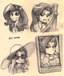 Size: 2410x2887 | Tagged: safe, artist:ilacavgbmjc, derpibooru import, rarity, equestria girls, duckface, hat, monochrome, solo, sunglasses, traditional art