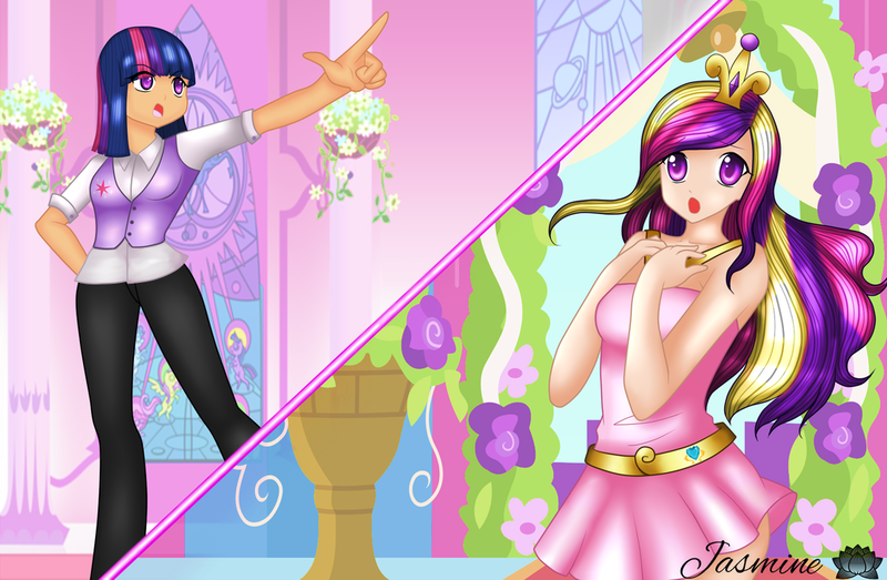 Size: 1024x669 | Tagged: a canterlot wedding, artist:jasmine-lotus, clothes, derpibooru import, dress, fake cadance, human, humanized, princess cadance, queen chrysalis, safe, scene interpretation, twilight sparkle