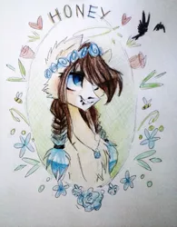 Size: 1024x1313 | Tagged: artist:alliecorn, derpibooru import, flower, oc, oc:azure soul, portrait, safe, solo, traditional art, unofficial characters only, wreath