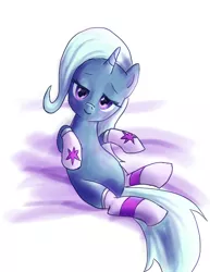 Size: 1159x1500 | Tagged: suggestive, artist:fox-moonglow, derpibooru import, trixie, pony, unicorn, bedroom eyes, clothes, female, implied twixie, mare, socks, solo