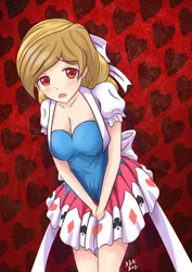 Size: 1191x1684 | Tagged: alice in wonderland, artist:s1k bo1, barely pony related, blushing, cleavage, clothes, crying, derpibooru import, dress, female, human, humanized, humanized oc, namesake, oc, oc:alice goldenfeather, poker, pun, safe, solo, unofficial characters only