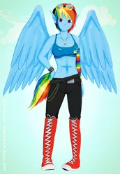 Size: 1920x2793 | Tagged: artist:kurookami-sama, belly button, clothes, converse, derpibooru import, elf ears, goggles, human, humanized, midriff, necklace, pony coloring, rainbow dash, safe, solo, tailed humanization, winged humanization