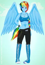 Size: 1920x2793 | Tagged: artist:kurookami-sama, belly button, clothes, converse, derpibooru import, elf ears, goggles, human, humanized, midriff, necklace, pony coloring, rainbow dash, safe, solo, tailed humanization, winged humanization