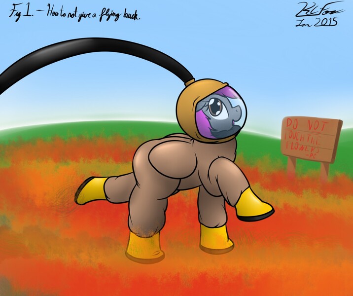 Size: 1280x1073 | Tagged: safe, artist:the-furry-railfan, derpibooru import, oc, oc:crash dive, unofficial characters only, pegasus, pony, air supply, allergies, diving suit, field, flower, galoshes, hay fever, poppy, sign, silly, silly pony, solo, stomping, tempting fate, text, this will end in balloons