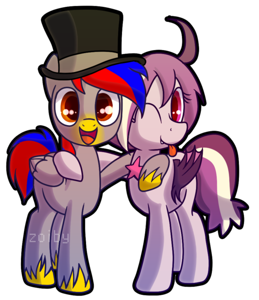 Size: 864x1000 | Tagged: safe, artist:zoiby, derpibooru import, oc, oc:bit drizzle, oc:retro pixel, unofficial characters only, bat pony, pegasus, pony, bat pony oc, female, hat, male, open mouth, side hug, simple background, tongue out, top hat, transparent background, unshorn fetlocks, watermark