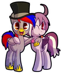 Size: 864x1000 | Tagged: safe, artist:zoiby, derpibooru import, oc, oc:bit drizzle, oc:retro pixel, unofficial characters only, bat pony, pegasus, pony, bat pony oc, female, hat, male, open mouth, side hug, simple background, tongue out, top hat, transparent background, unshorn fetlocks, watermark