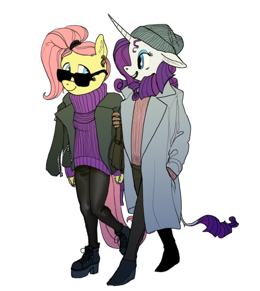 Size: 1143x1280 | Tagged: safe, artist:spectralunicorn, derpibooru import, fluttershy, rarity, anthro, alternate hairstyle, clothes, female, flarity, jacket, lesbian, shipping, sunglasses, sweater, sweatershy