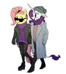 Size: 1143x1280 | Tagged: safe, artist:spectralunicorn, derpibooru import, fluttershy, rarity, anthro, alternate hairstyle, clothes, female, flarity, jacket, lesbian, shipping, sunglasses, sweater, sweatershy