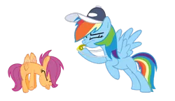 Size: 1024x595 | Tagged: artist:raikuraikaze-chan, blowing, coach, cute, cutealoo, derpibooru import, flying lesson, hat, hover, puffy cheeks, rainblow dash, rainbow coach, rainbow dash, rainbow dashs coaching whistle, safe, scootaloo, scootaloo can fly, scootalove, simple background, trainer, transparent background, vector, whistle, whistle necklace