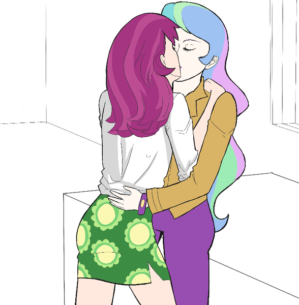 Size: 707x721 | Tagged: artist needed, safe, derpibooru import, cheerilee, princess celestia, equestria girls, cheerilestia, duo, female, kissing, lesbian, principal celestia, shipping