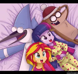 Size: 1267x1212 | Tagged: safe, artist:the-butch-x, derpibooru import, sunset shimmer, twilight sparkle, twilight sparkle (alicorn), equestria girls, clothes, crossover, cute, fluffy, mordecai, mordecai and rigby, pajamas, regular show, rigby