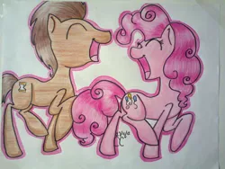 Size: 1032x774 | Tagged: safe, artist:cookieandcakes, derpibooru import, doctor whooves, pinkie pie, time turner, doctorpie, laughing, traditional art