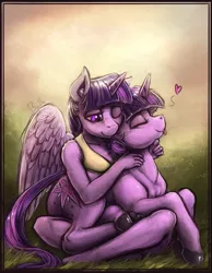 Size: 1351x1743 | Tagged: safe, artist:bantha, derpibooru import, twilight sparkle, twilight sparkle (alicorn), alicorn, anthro, plantigrade anthro, pony, :p, anthro ponidox, anthro with ponies, barefoot, chin scratch, colored, cuddling, cute, duality, eyes closed, feet, female, heart, hug, mare, one eye closed, prone, scratching, self ponidox, sitting, smiling, snuggling, tongue out, twiabetes, wink